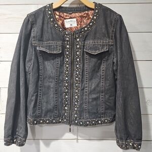 Vintage Y2K Studded Jean Jacket Women's 1X XL Western  Leopard Print Lined